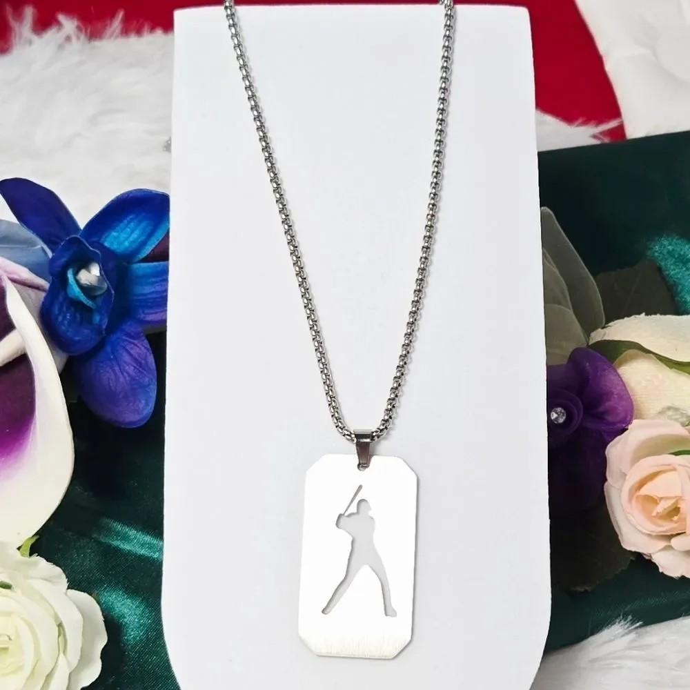 Silver Baseball Player Dog Tag Necklace Cutout Batter 24” Stainless Steel Gift